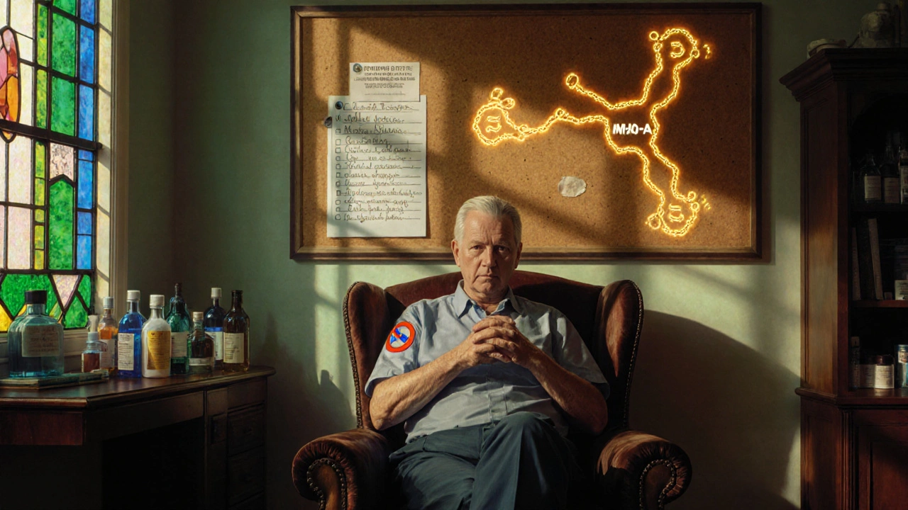 A patient in a psychiatrist&#039;s office with a glowing enzyme diagram and Emsam patch, surrounded by jewel-toned light.