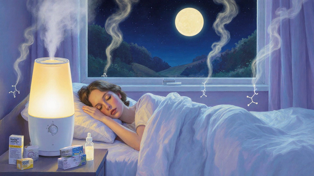 A peaceful bedroom with safe remedies like saline spray and humidifier, replacing risky cold meds.