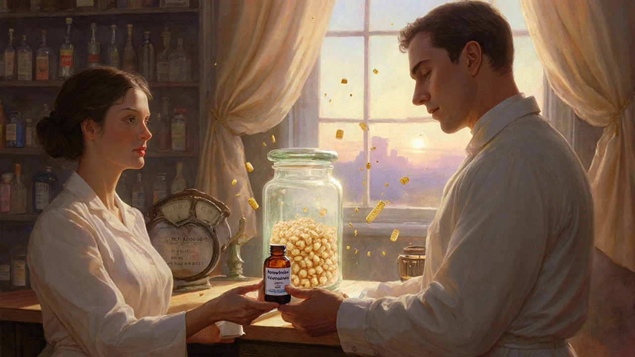 A pharmacist hands a generic pill bottle to a patient in a softly lit pharmacy with golden particles symbolizing savings.