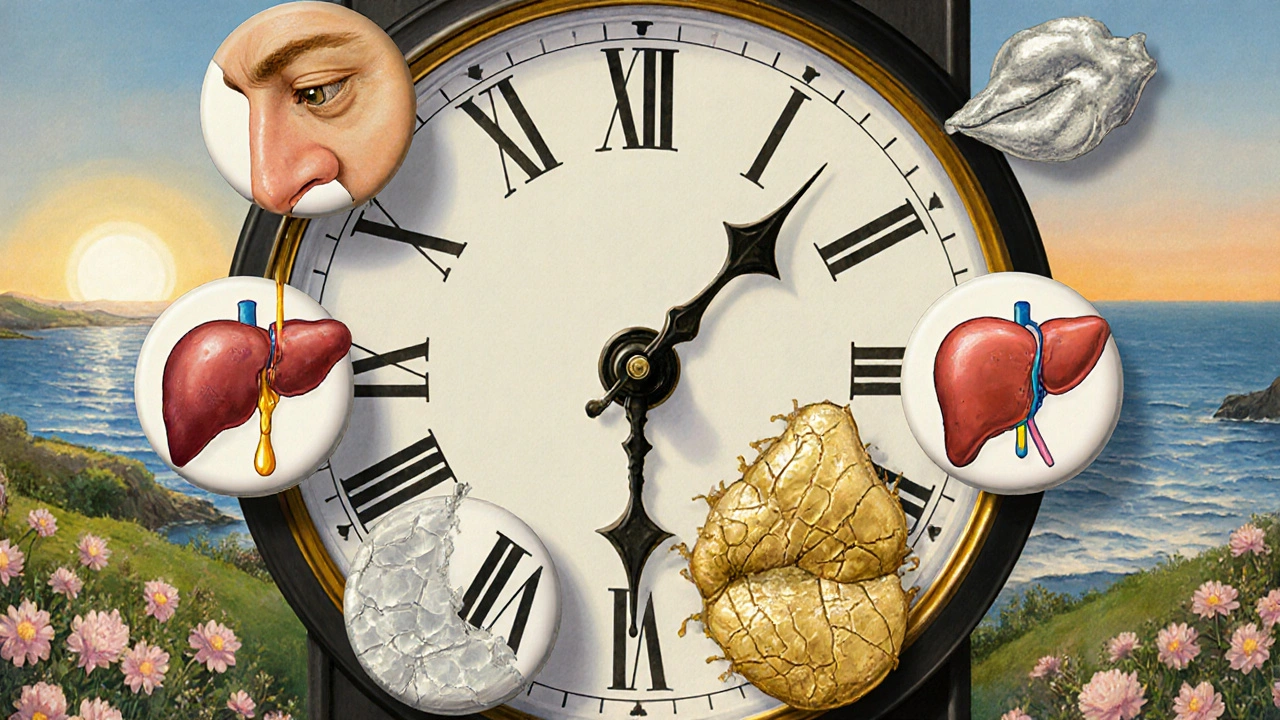 A symbolic clock with silver and gold hands represents long-lasting vs fading allergy relief.