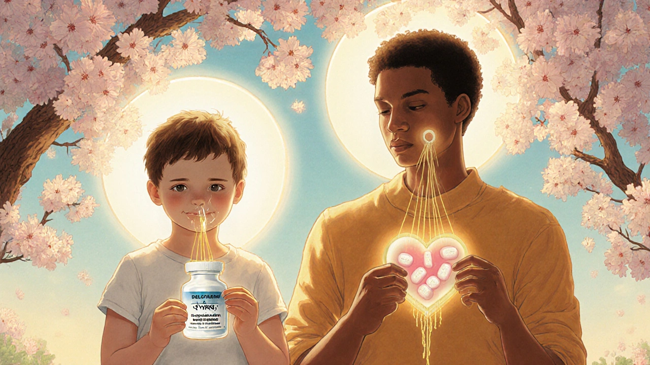 A toddler and adult hold allergy pills under blooming cherry blossoms with radiant halos of relief.