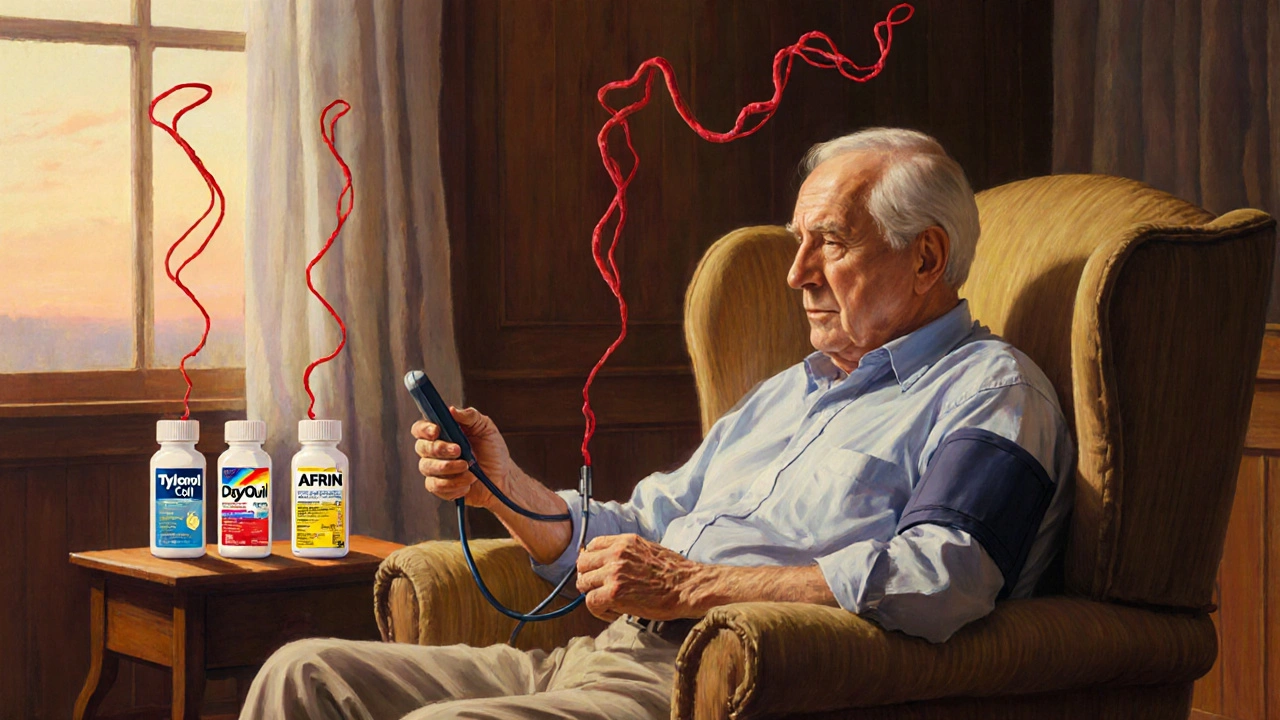 An elderly man checking his blood pressure as dangerous chemical tendrils rise from cold medicines.