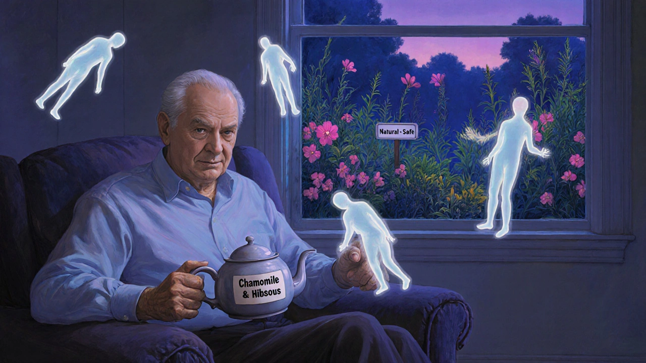 An elderly man’s herbal tea causes his medications to fade away in a twilight garden scene.