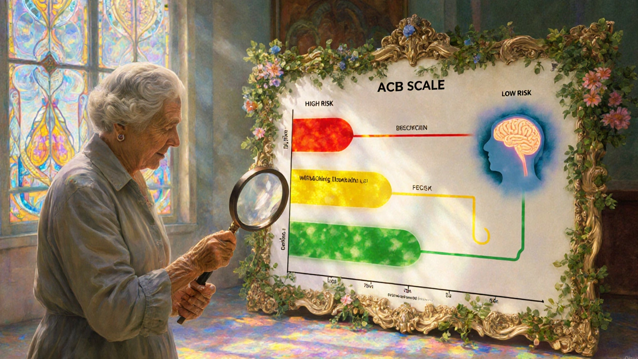 An elderly woman examining a glowing ACB scale chart with three pathways leading to different brain states under soft light.