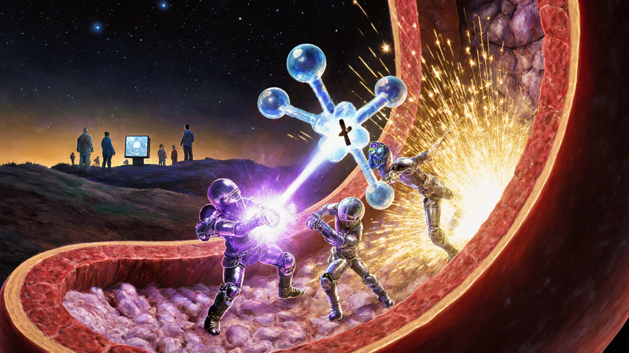 Battle of opioid and naloxone molecules in an artery, with serotonin sparks and distant medical observers.