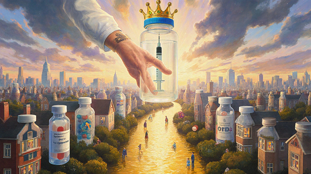 City skyline of pill-shaped buildings with a golden river of medicine flowing beneath.