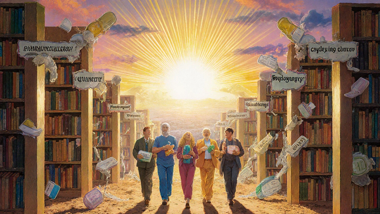 Crumbling allergy charts replaced by rising sunlit medical labels as patients walk toward a healing horizon.