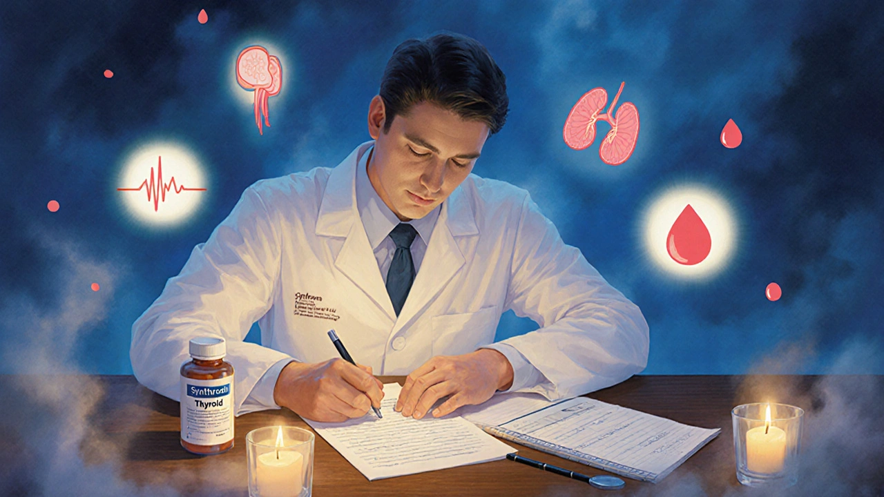 Doctor writing appeal letter with glowing medical symbols in soft candlelight.