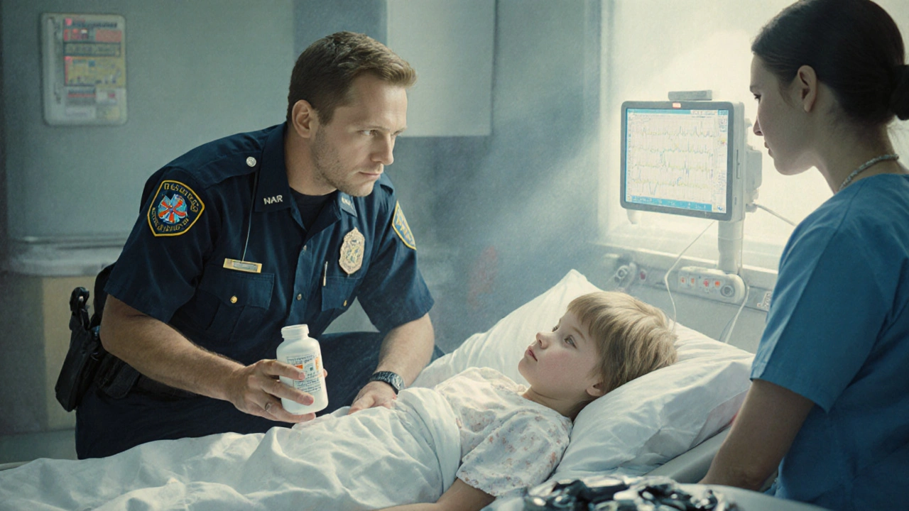 Emergency responder holding medicine bottle beside child in hospital