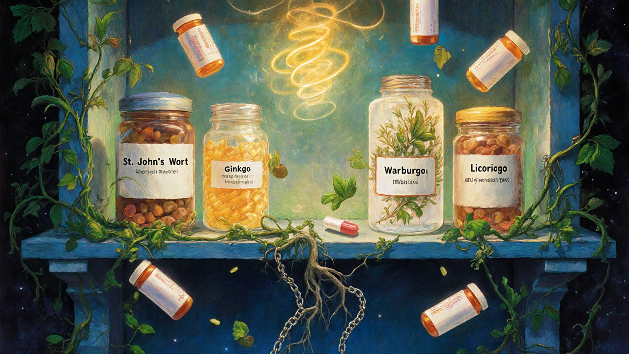 Ethereal herbal jars disrupt floating prescription pills with glowing energy in a mystical shelf.