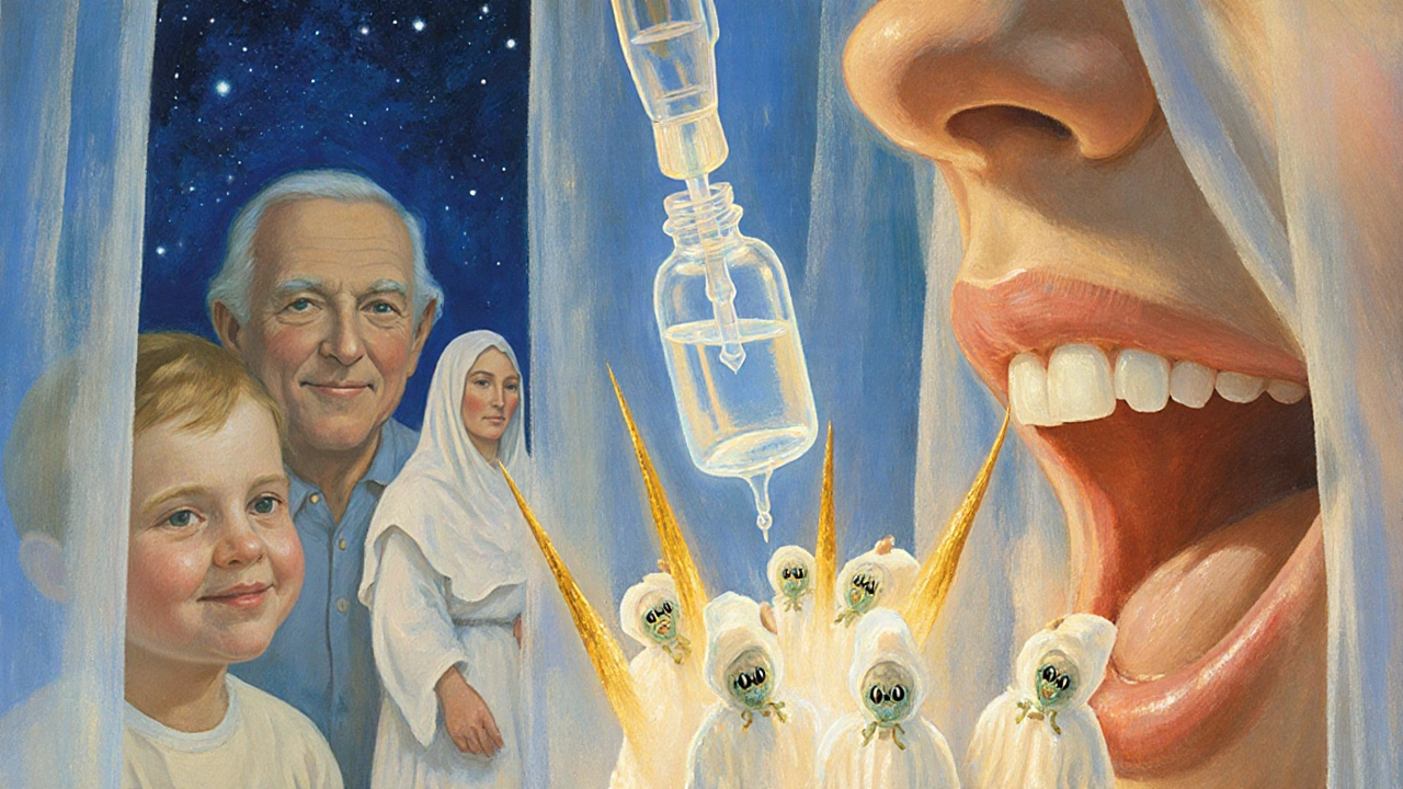 Glowing nystatin liquid neutralizing fungal organisms in a surreal oral landscape.