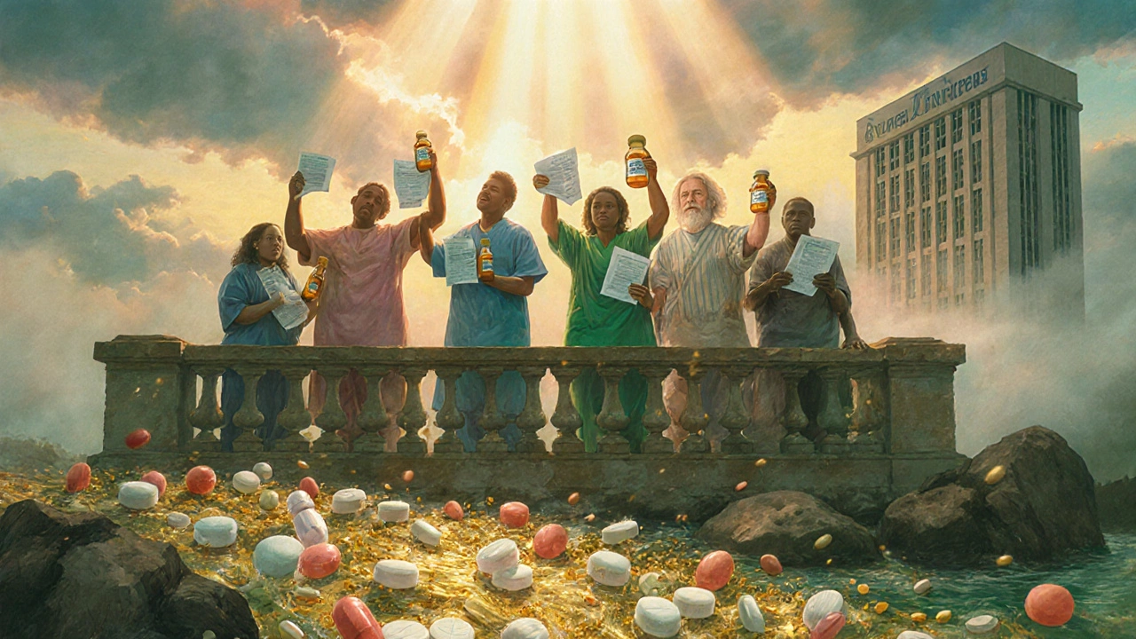 Group of patients holding medical documents as light breaks through clouds above.