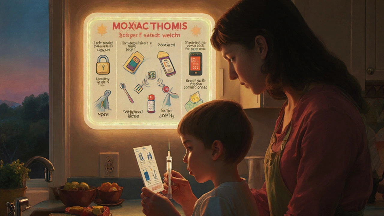 Mother using a dosing syringe with pictogram instructions in a cozy, safely organized kitchen.