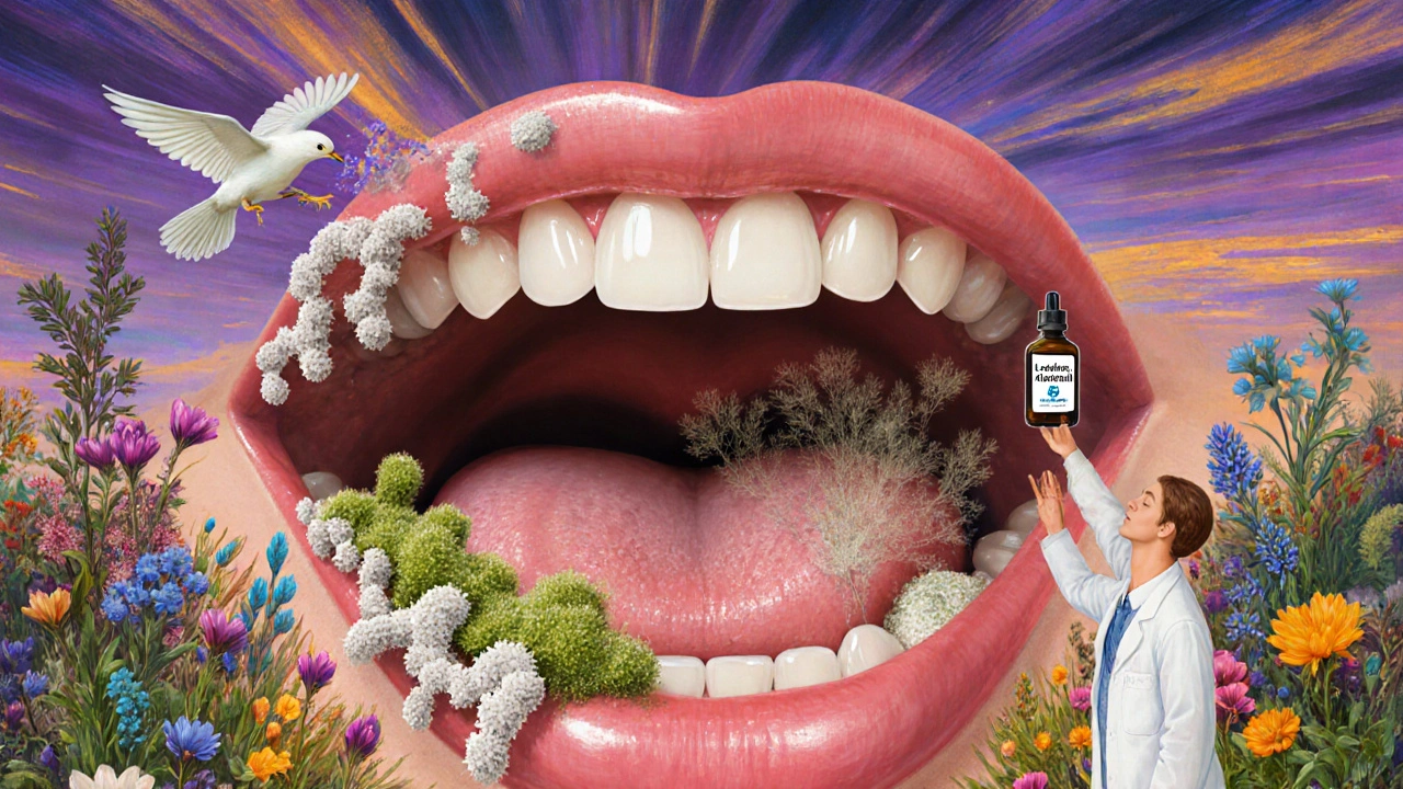 Mouth as a garden with healthy flora battling white fungal moss under a magical twilight sky.