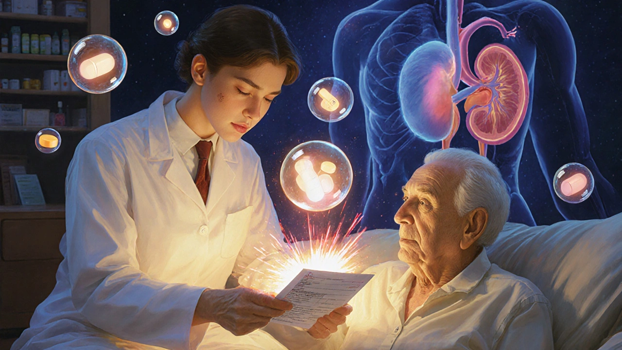 Pharmacist holding a glowing chart above an elderly patient, with floating medication orbs showing interactions.