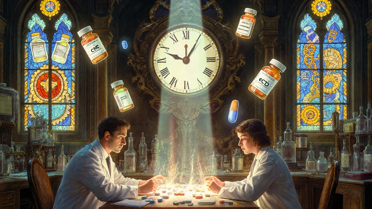 Scientists in vintage labs analyzing glowing tablets surrounded by floating data symbols.