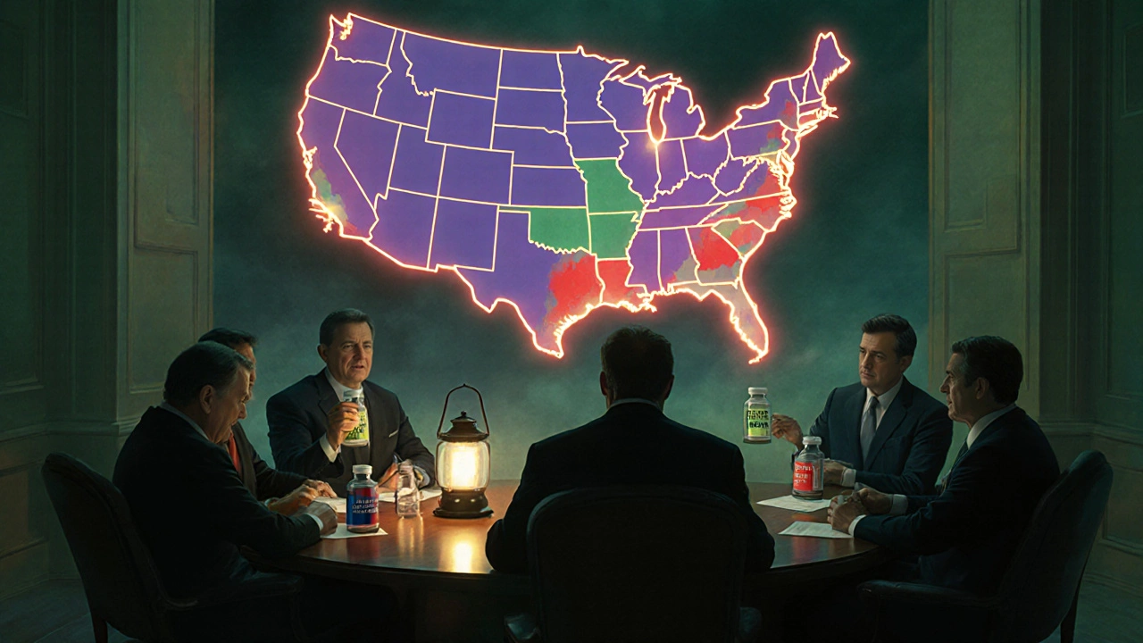 Shadowy executives at a lantern-lit table with a map showing drug shortages and supply zones in dreamlike colors.