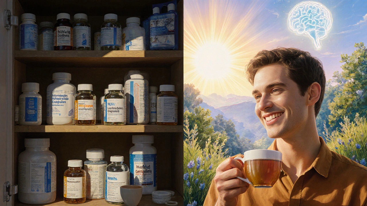 Split scene: cluttered medicine cabinet on left, clean alternatives and healthy brain on right, bathed in dawn light.