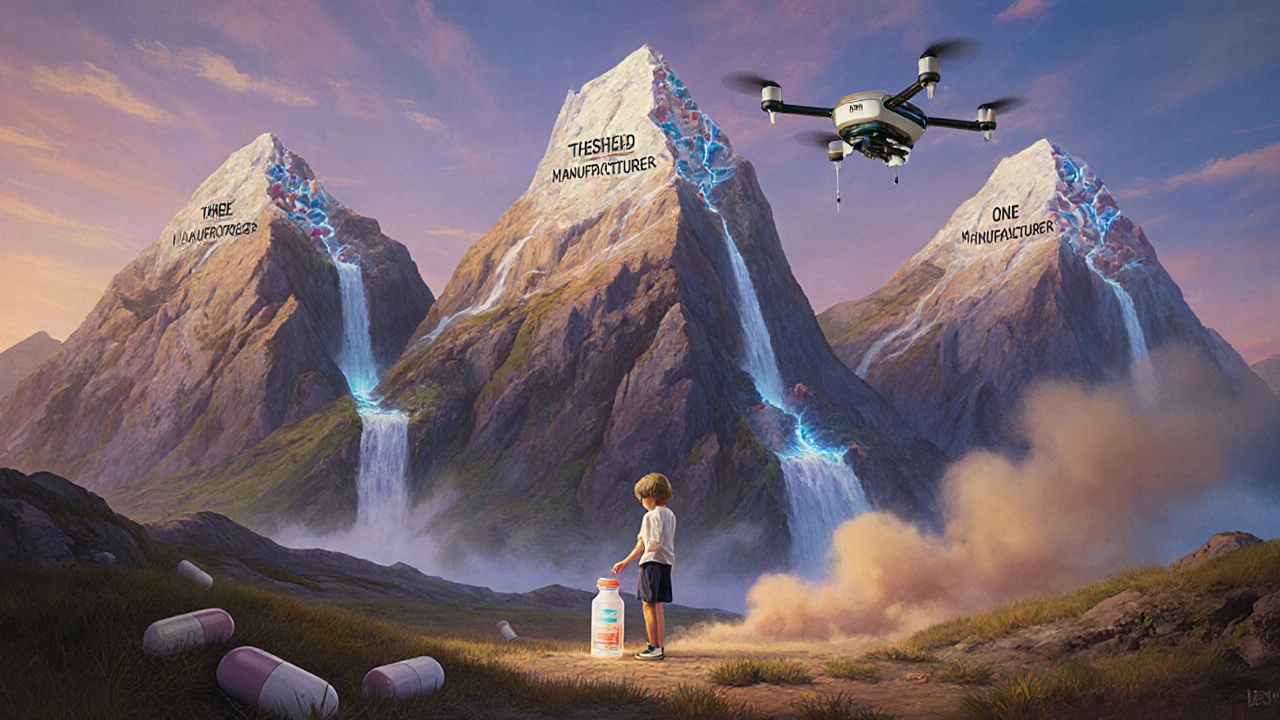 Three stable pill mountains with medicine flowing to patients, while a single crumbling mountain causes shortages.