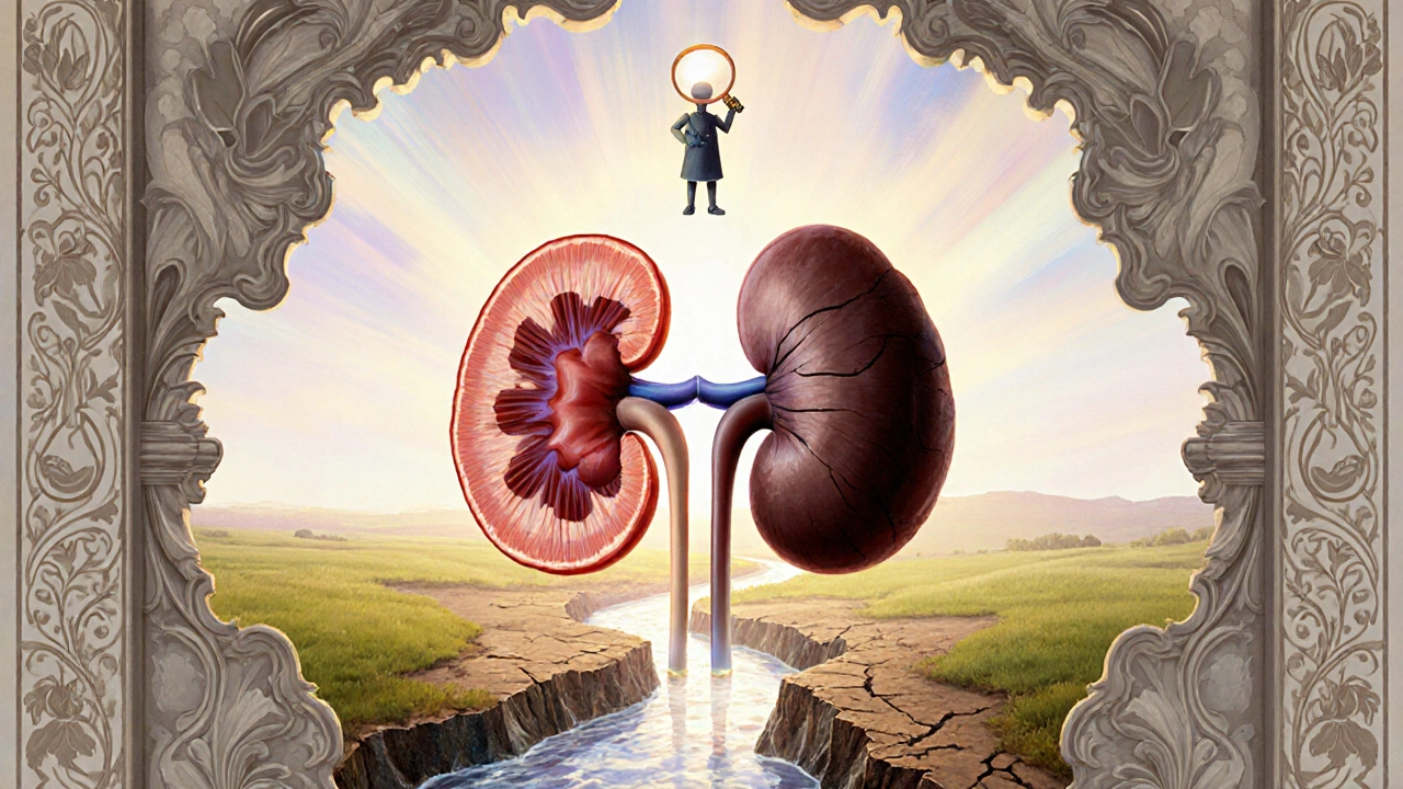 Two contrasting kidneys — one healthy and radiant, the other shrunken and damaged — under AI observation.