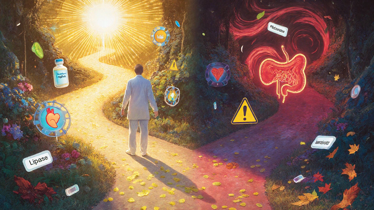 Two glowing medical pathways diverge before a patient, one bright with health, the other shadowed with risk.