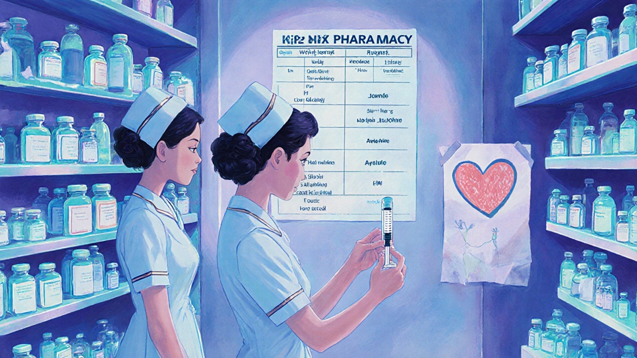 Two nurses double-checking pediatric medication doses in a glowing hospital pharmacy.