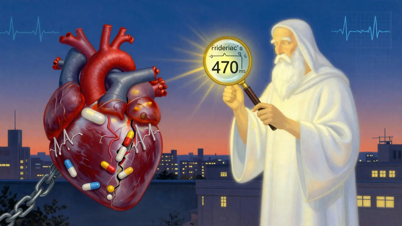 A balanced scale contrasts a healthy heart with a fractured one bound by antibiotics, while a guide holds a magnifying glass over the correct QTc formula.