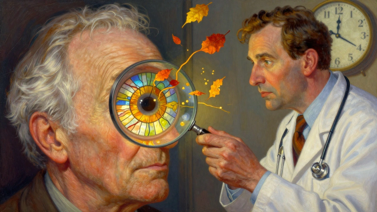 A doctor examines an eye revealing a surreal, glowing retina with drifting floaters.