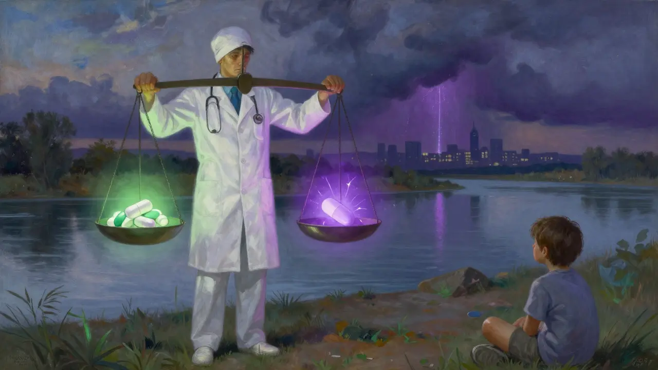 A doctor holding a scale with safe meds vs. dangerous tramadol, stormy horizon, child watching peacefully.