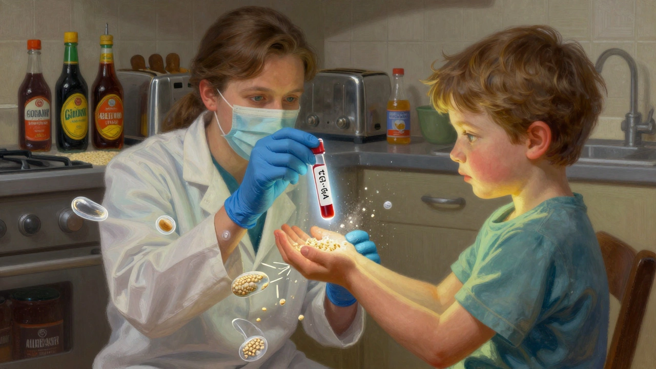 A doctor holds a glowing blood test as gluten shatters nearby, with healing light radiating from the child.