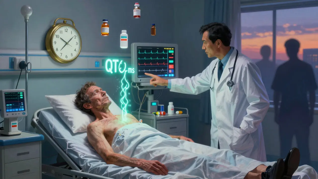 A frail ICU patient has a glowing QTc reading of 510 ms above their chest, with potassium and magnesium vials floating nearby as doctors monitor the ECG.