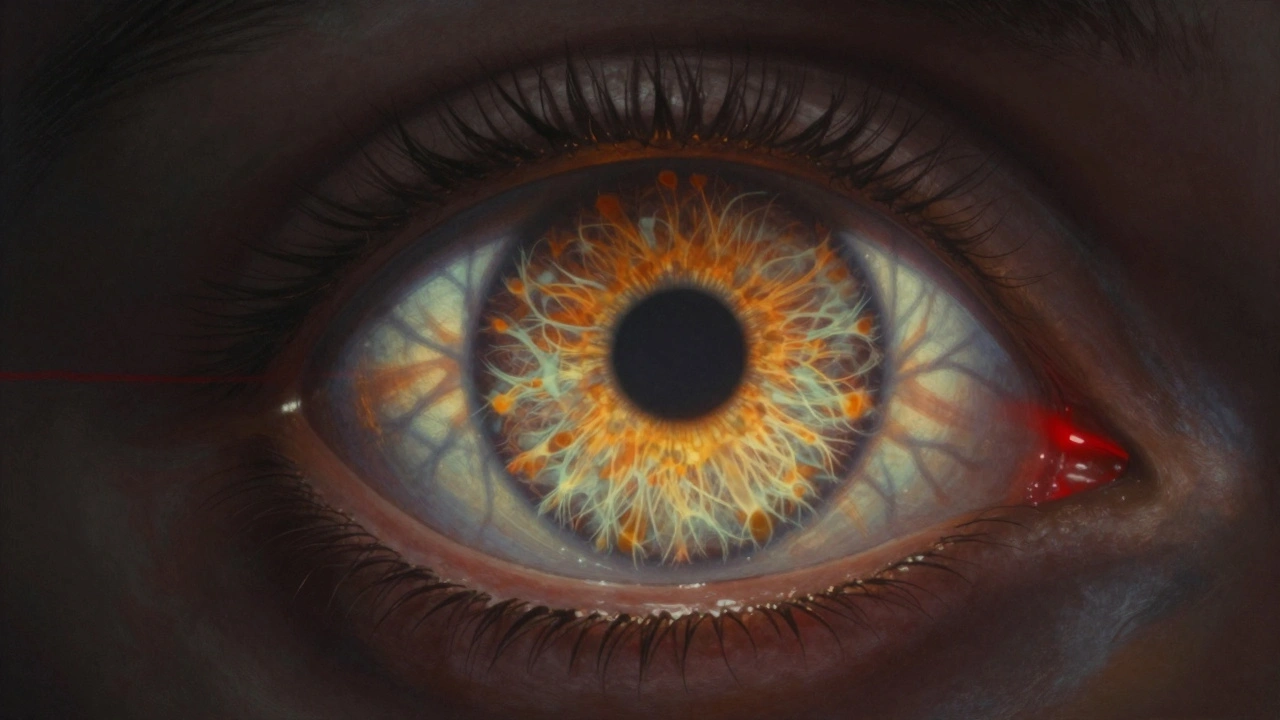 A glowing eye with luminous filaments casting shadows, one red flash signaling danger.