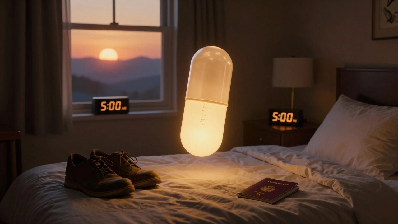 A glowing melatonin capsule illuminating a hotel room at dawn with sunrise outside.