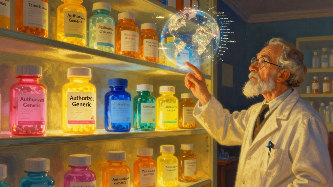 A glowing pharmacy shelf with one authorized generic pill radiating harmony among flickering generics.