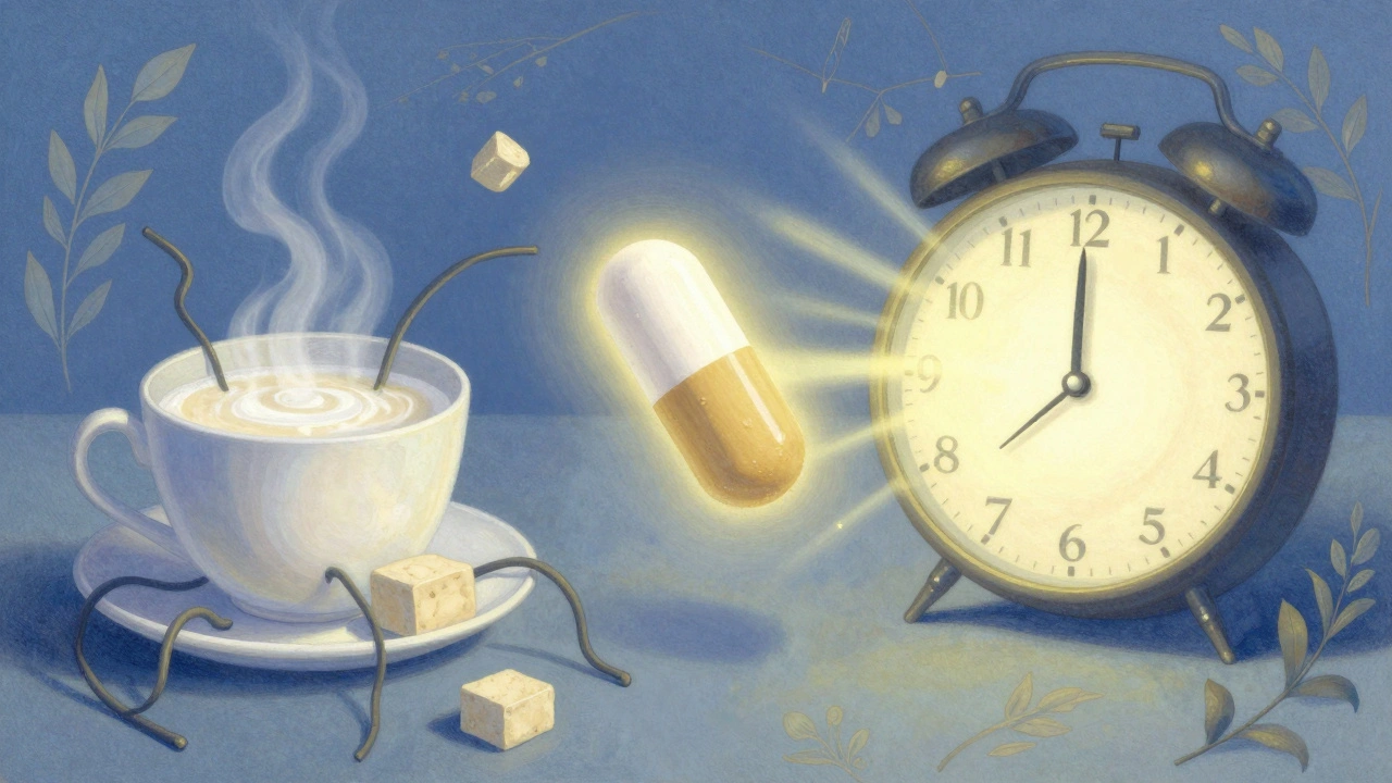 A glowing pill floats between soy interference and a timed 2-hour buffer, surrounded by luminous botanical details.