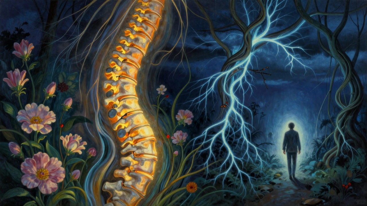 A glowing spine with one side healing in flowers and water, the other tangled in stormy nerves under dark skies.