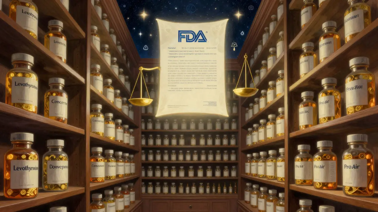 A magical library with dual-labeled medicine bottles glowing under celestial light, surrounded by floating medical symbols.