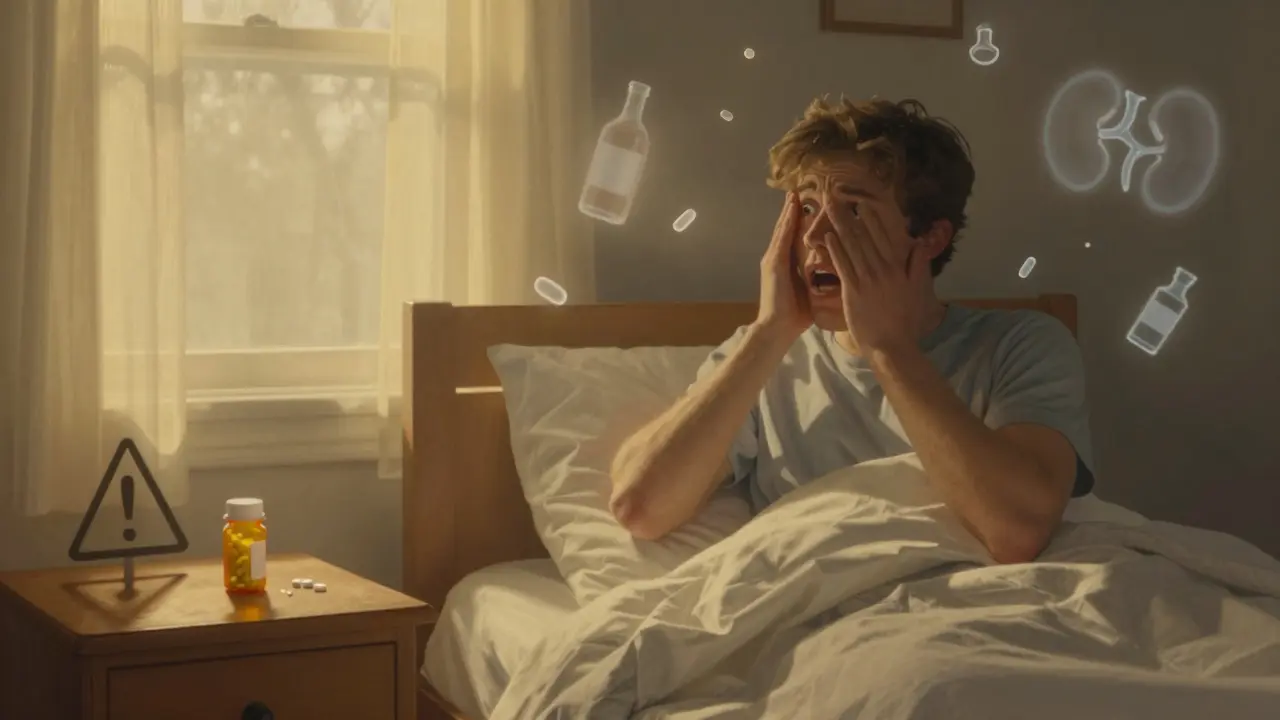A man in bed with muscle twitching, tramadol pill bottle casting a warning shadow, floating risk symbols in mist.