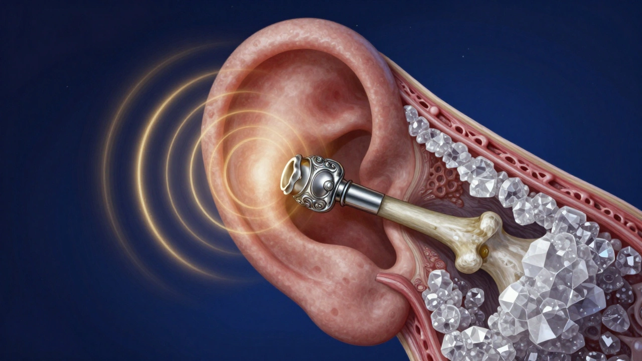 A microscopic view of a titanium prosthesis in the middle ear, radiating sound waves through glowing bone tissue.
