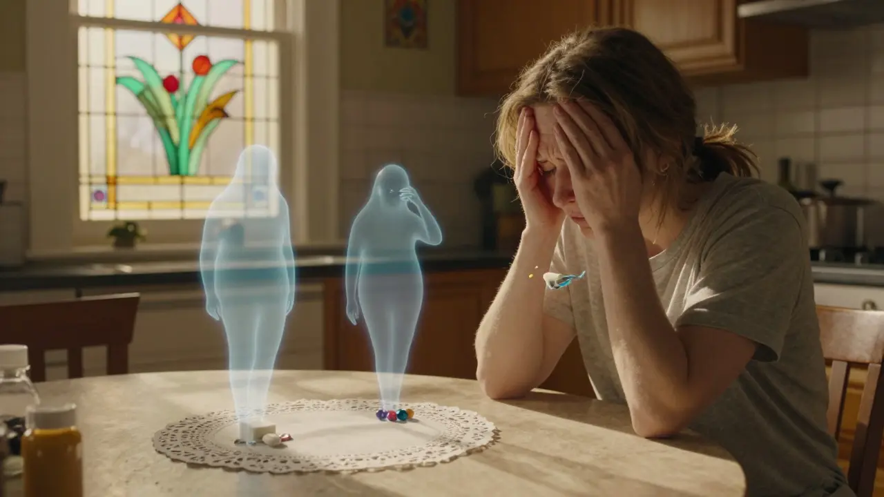 A patient comparing two pills as spectral figures of allergens rise from them in warm daylight.