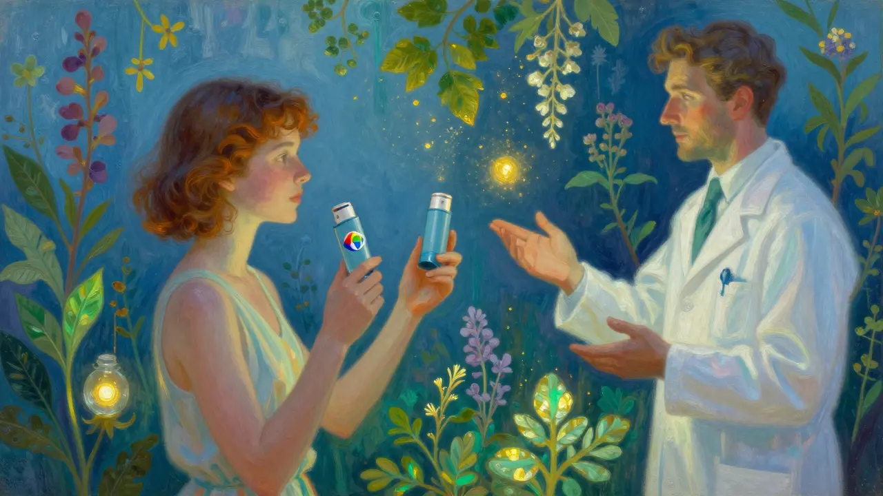 A patient holding two identical inhalers in a dreamlike garden of medicinal herbs, with golden particles in the air.