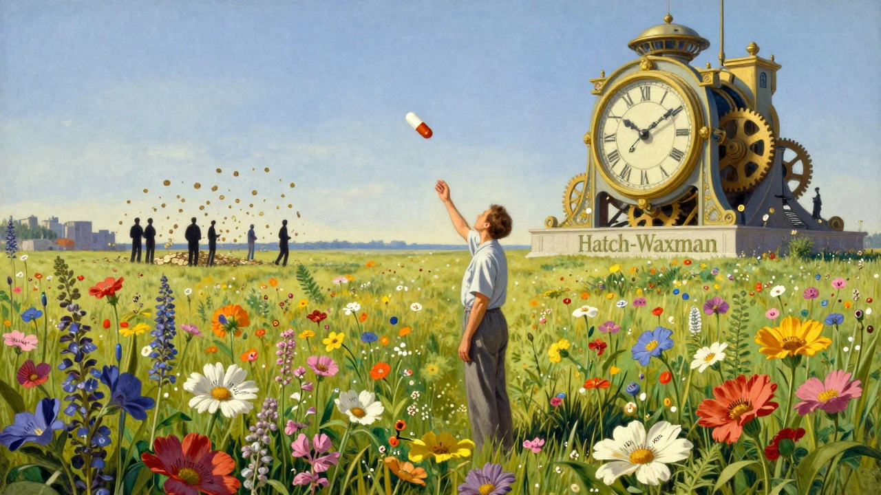 A patient reaching for a floating generic pill above a meadow of medicinal flowers, while a massive clockwork mechanism rains down coins to corporate figures.