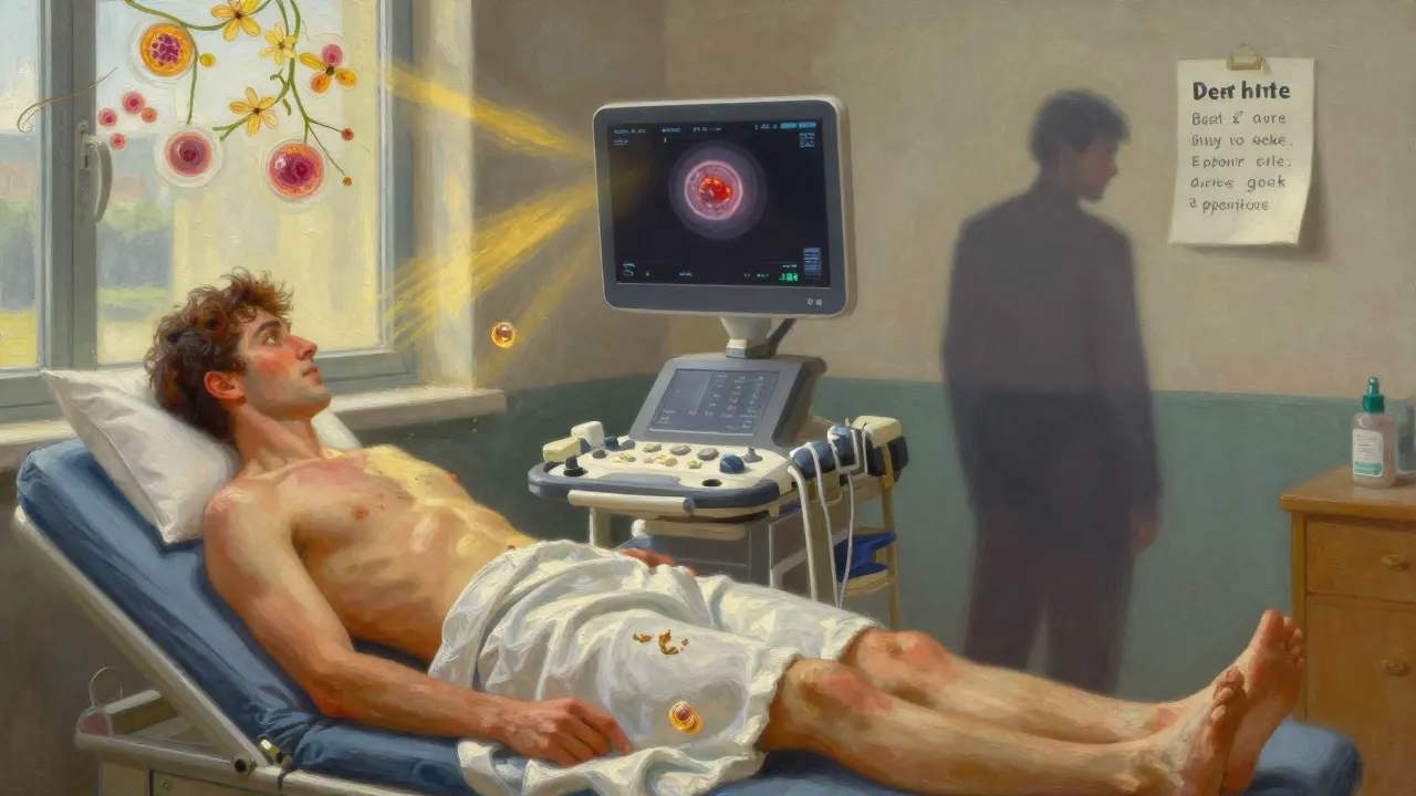 A patient receiving an ultrasound in sunlight while another ignores a missed appointment, with symbolic liver cells blooming and wilting.