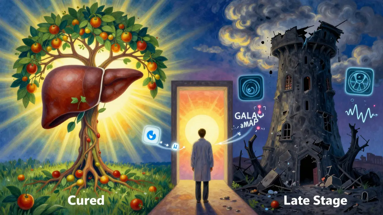 A person choosing between a path to cure and late-stage disease, guided by medical technology and biomarkers under a dawn sky.