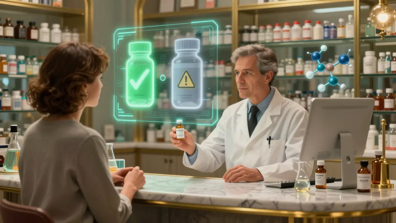 A pharmacist and patient at a brass counter, with AI-projected drug comparisons and molecular structures.