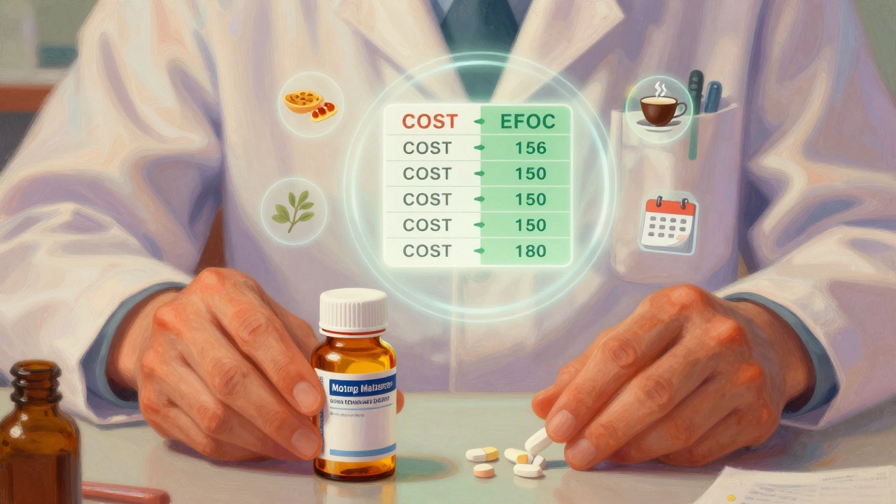 A pharmacist compares generic and brand-name pills with floating icons showing food, herbs, and time, symbolizing drug interactions.