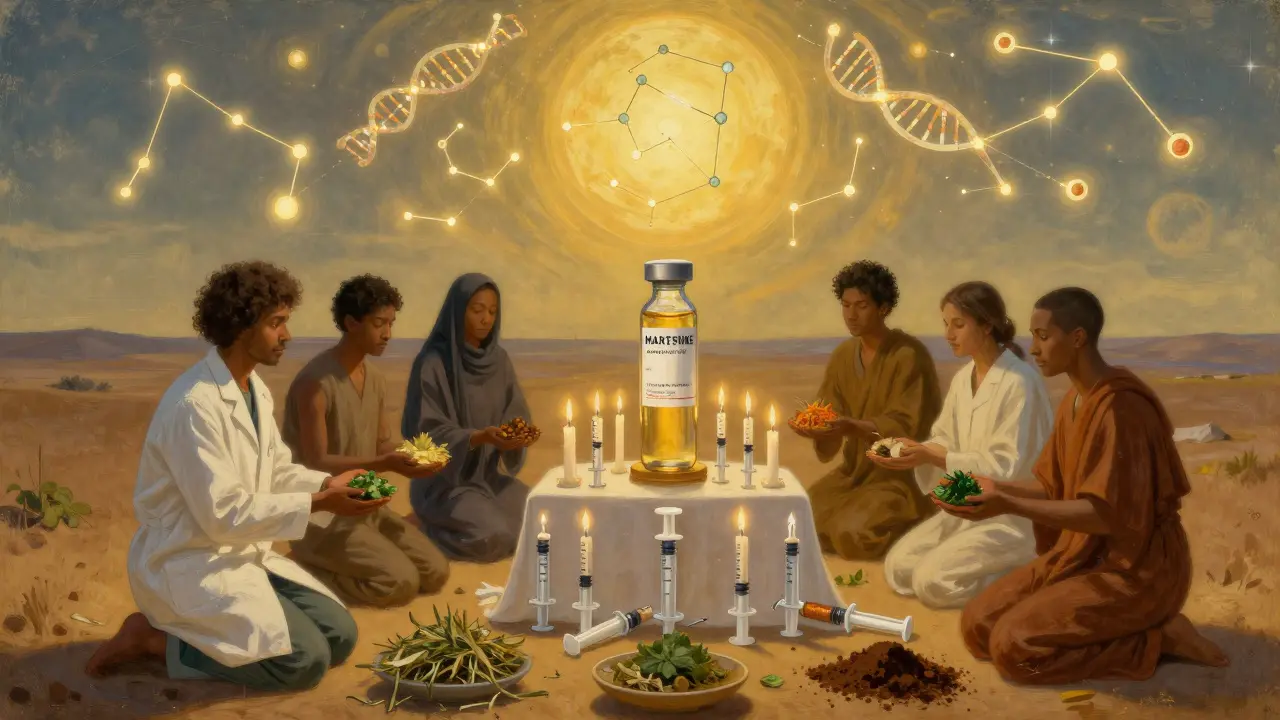 A sacred altar holds a single vaccine vial, surrounded by people from continents offering materials.