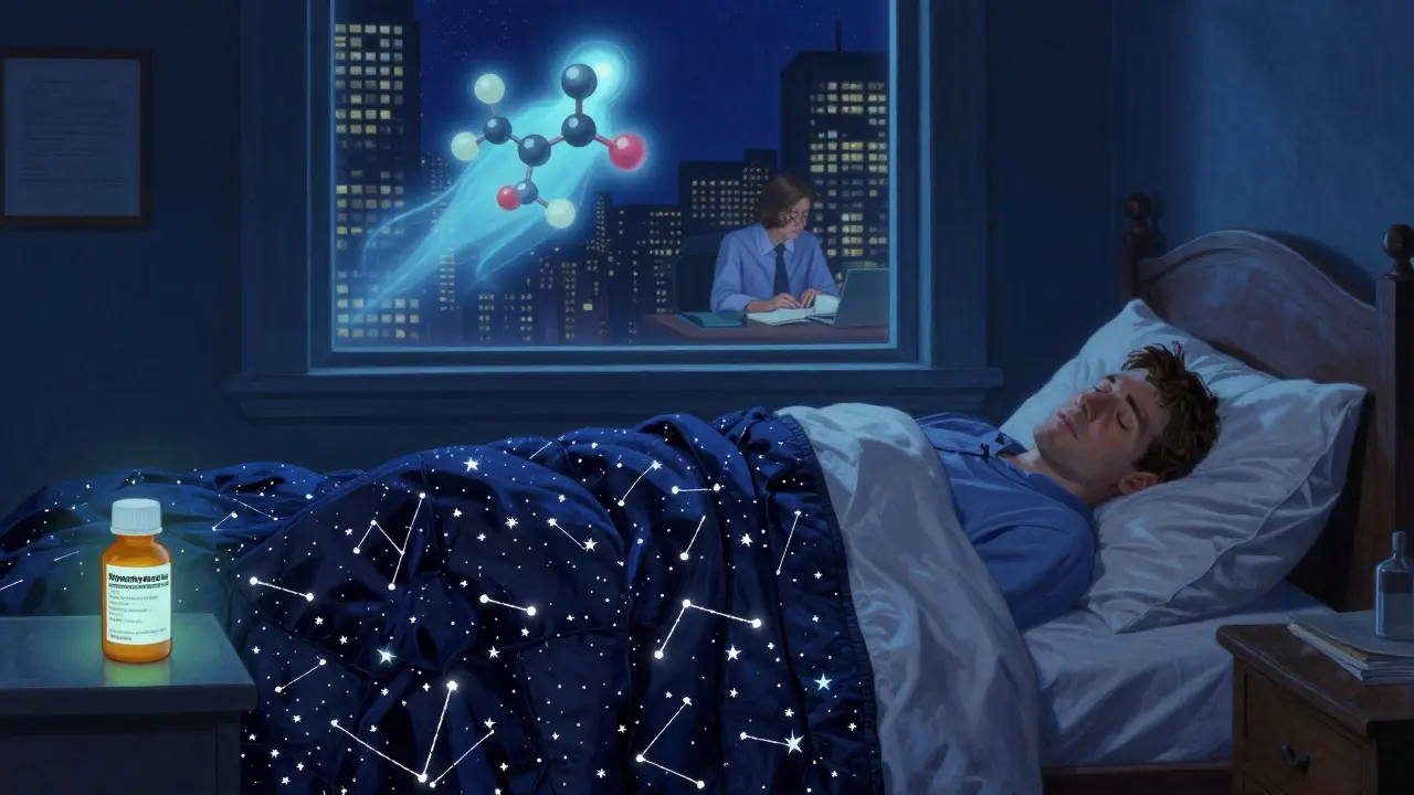 A sleeping man with Benadryl on his nightstand, while a glowing antihistamine molecule protects a waking city outside.
