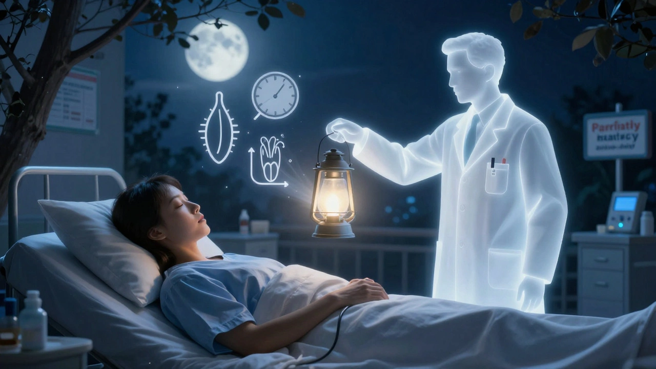 A sleeping patient is watched over by a glowing pharmacist silhouette projecting medical symbols like blood pressure and clocks.