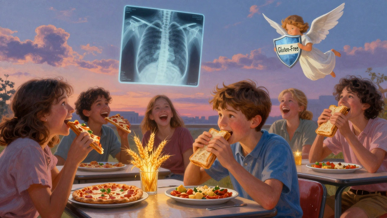 A teen eats gluten-free lunch at school while peers eat wheat foods, with a bone X-ray showing growth catching up.